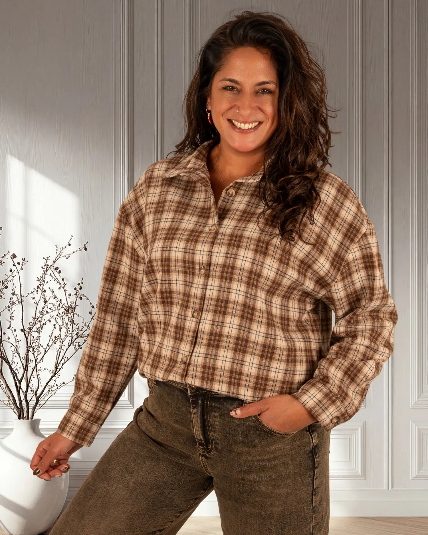 Beige/bruin geruite flanellen blouse "Iconic"van Westeene
