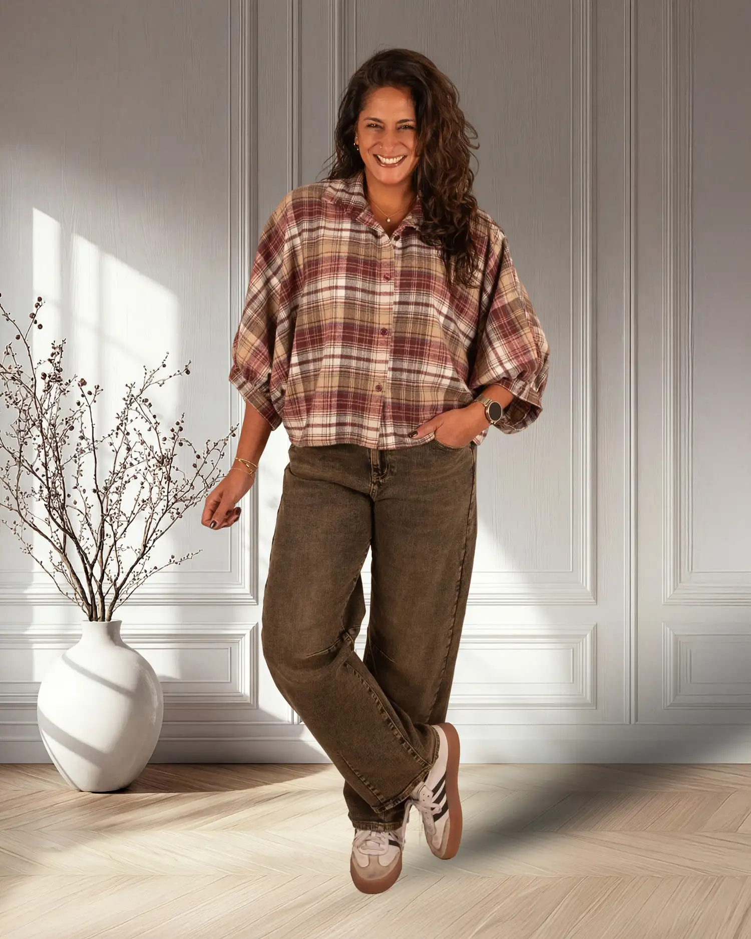 Ecru/bordeaux geruite flanellen oversized blouse van El-Vita - Afbeelding 3