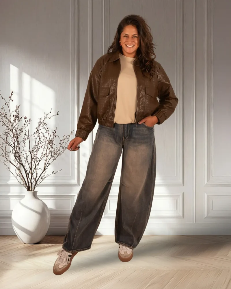 Donkerbruine leather-look bomberjack van Mi Piace - Afbeelding 2