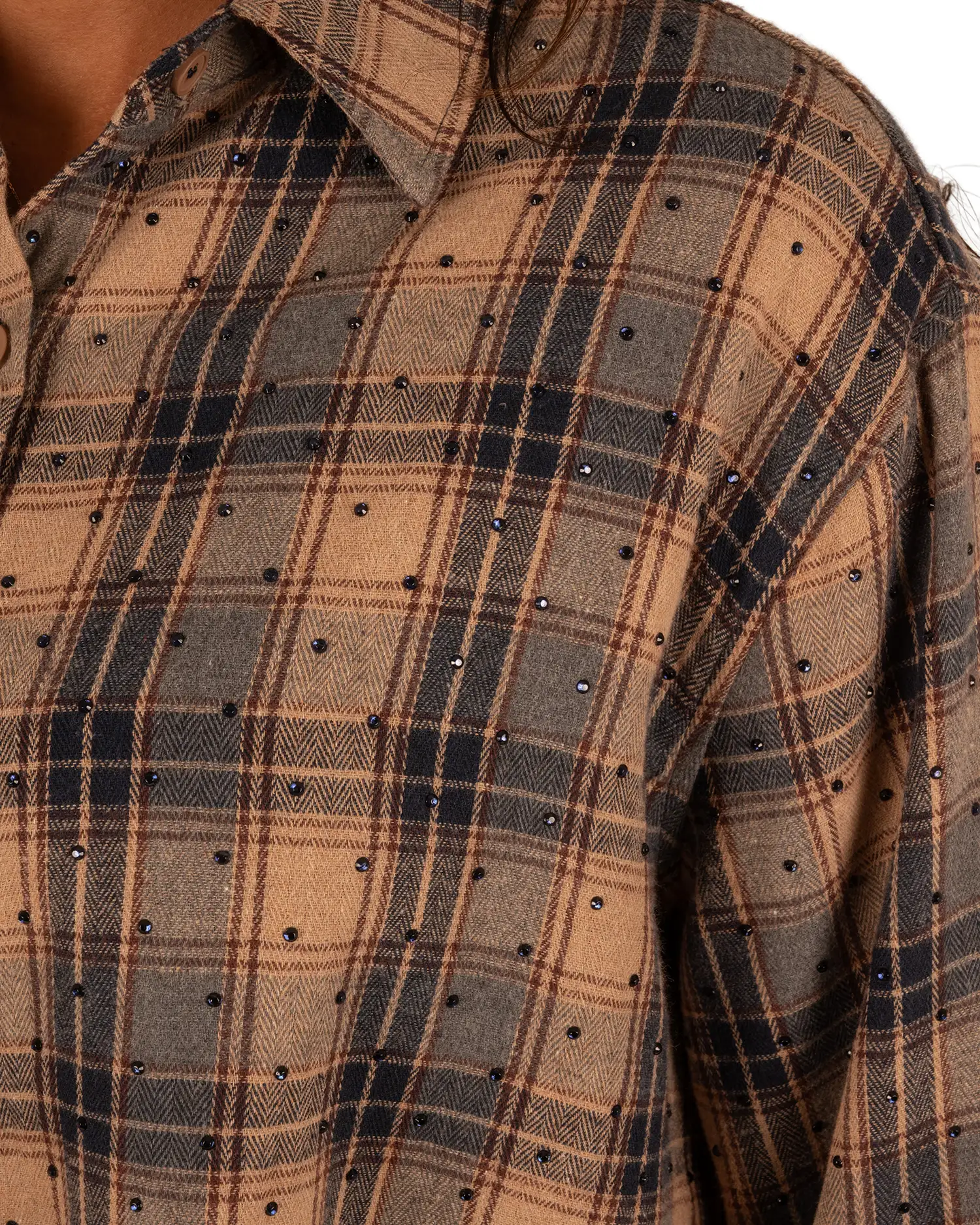 Taupe/blauwe print geruite blouse strass van Lamiar - Afbeelding 5