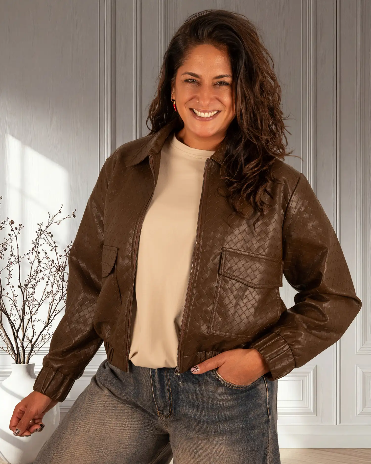 Donkerbruine leather-look bomberjack van Mi Piace - Afbeelding 3