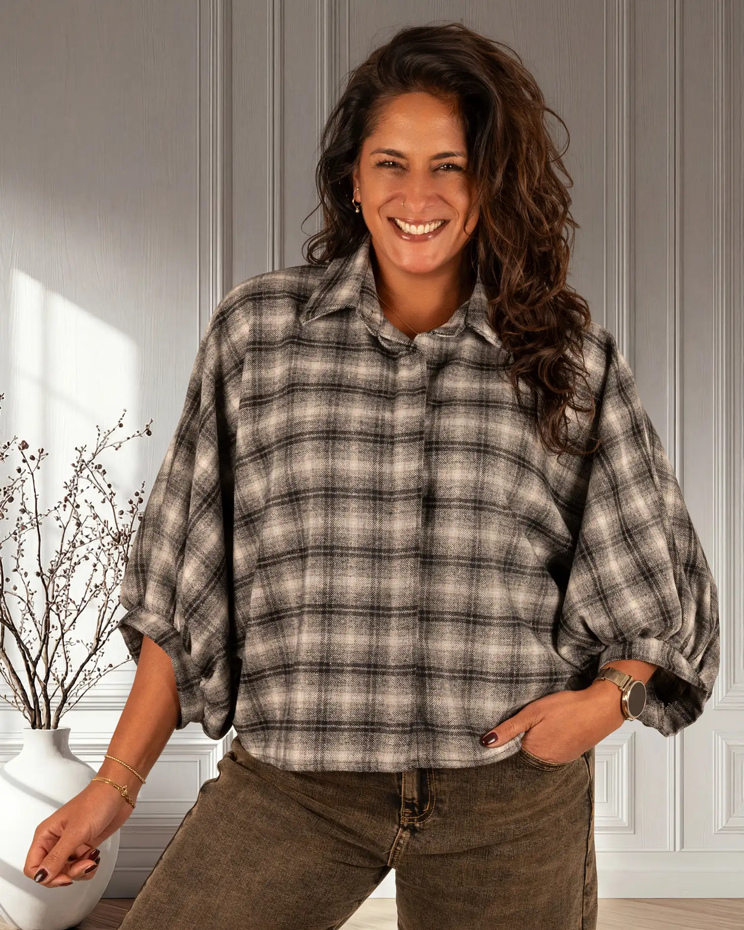 Zwart/grijs geruite flanellen oversized blouse van El-Vita