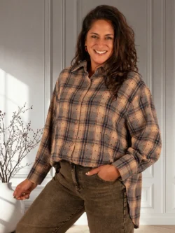 Taupe/blauwe print geruite blouse strass van Lamiar