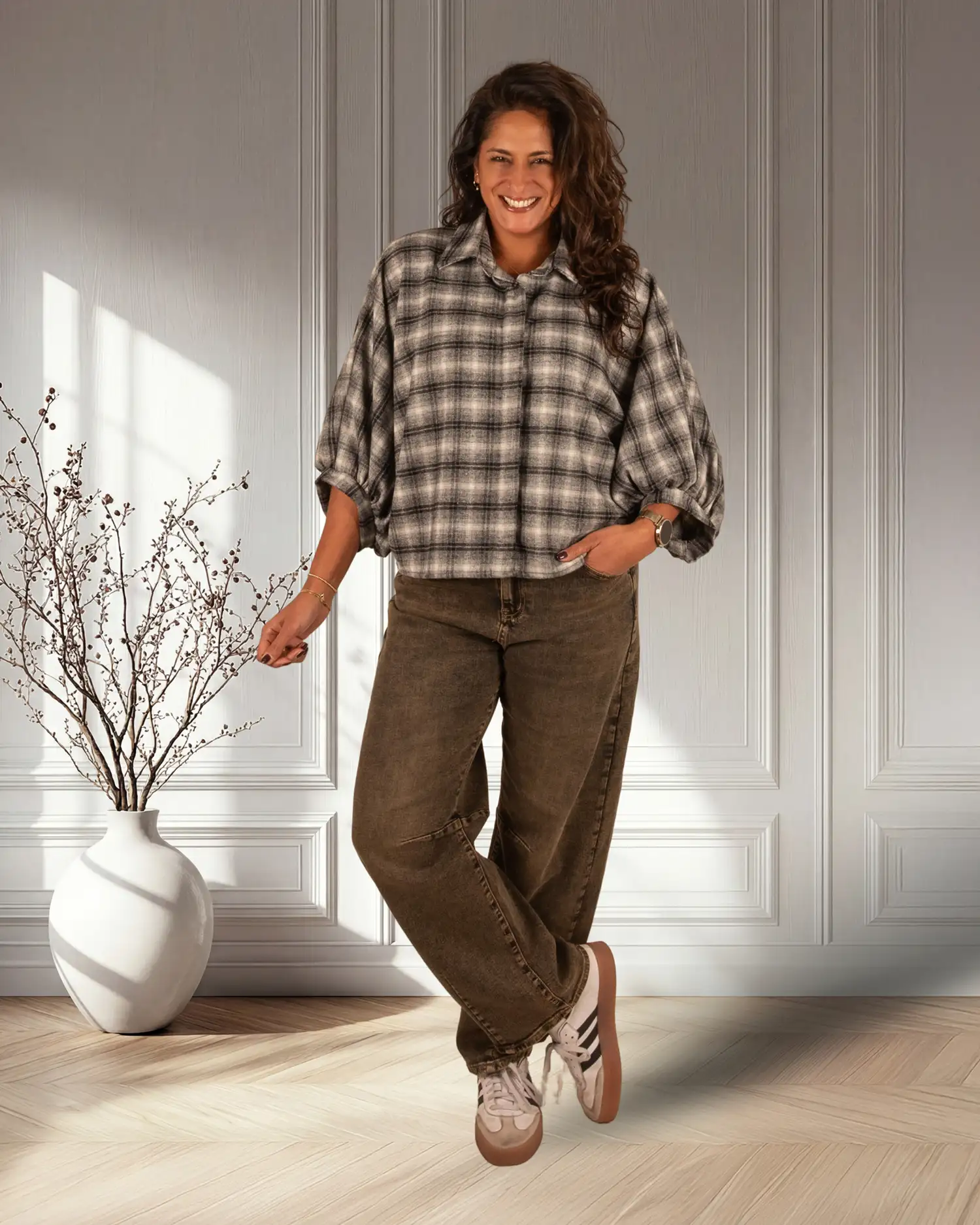 Zwart/grijs geruite flanellen oversized blouse van El-Vita - Afbeelding 3
