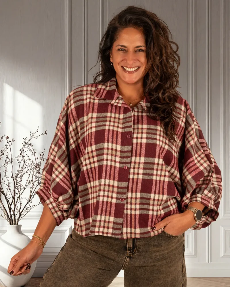 Bordeaux/ecru geruite flanellen oversized blouse van El-Vita