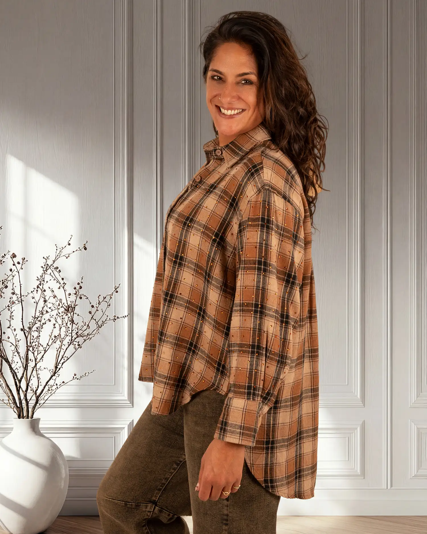 Camel/beige/zwart print geruite blouse strass van Lamiar - Afbeelding 4