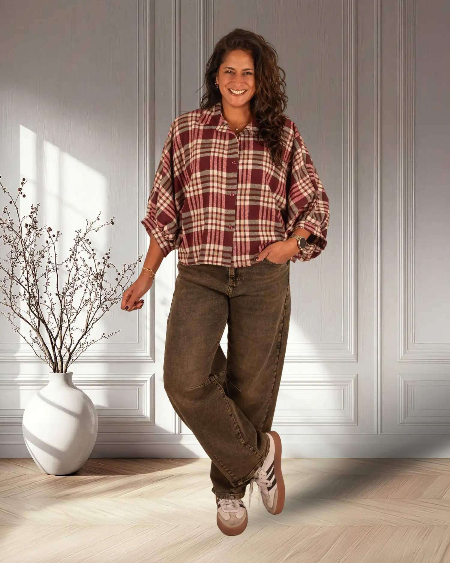 Bordeaux/ecru geruite flanellen oversized blouse van El-Vita - Afbeelding 3