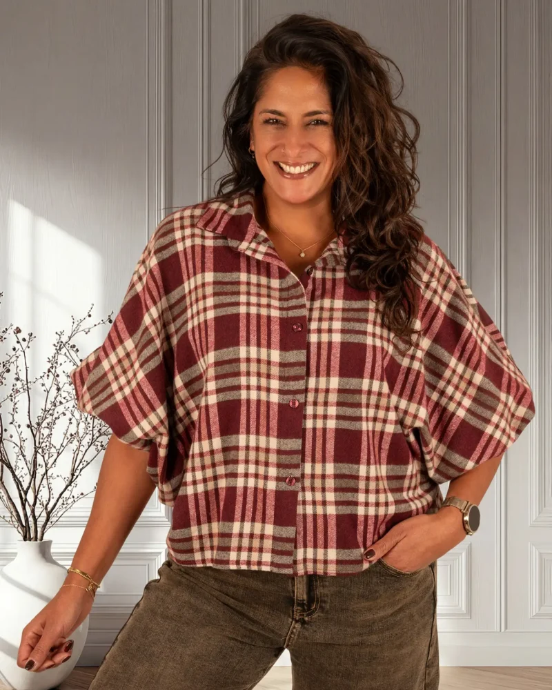 Bordeaux/ecru geruite flanellen oversized blouse van El-Vita - Afbeelding 2