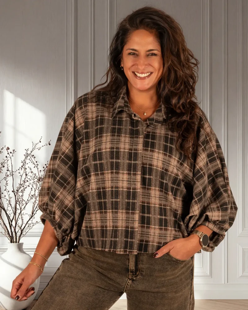 Zwart/bruin geruite flanellen oversized blouse van El-Vita