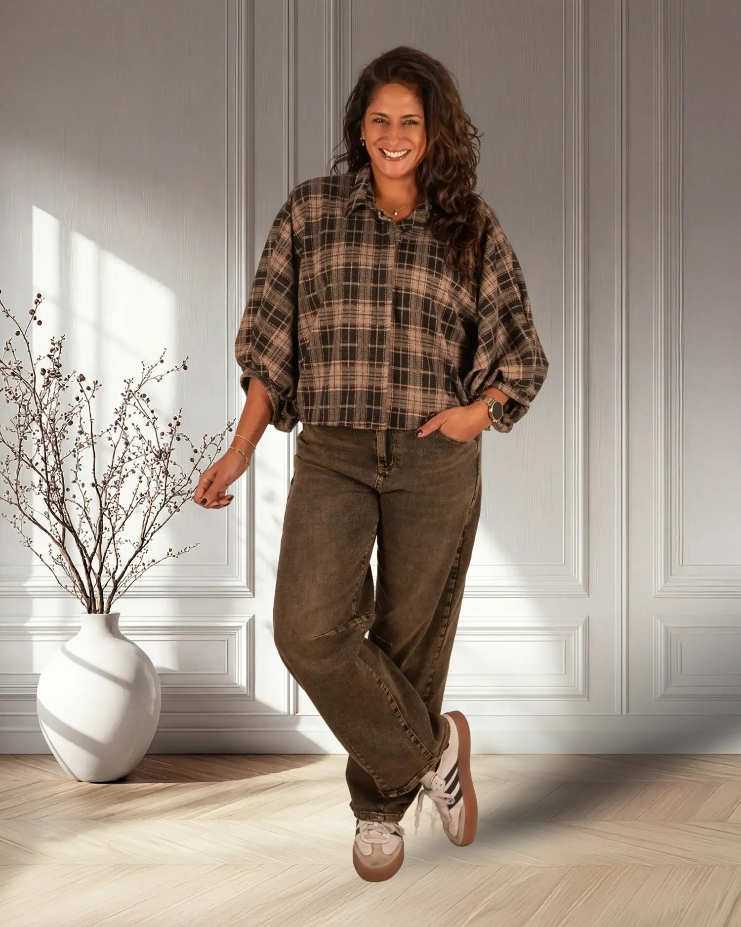 Zwart/bruin geruite flanellen oversized blouse van El-Vita - Afbeelding 3