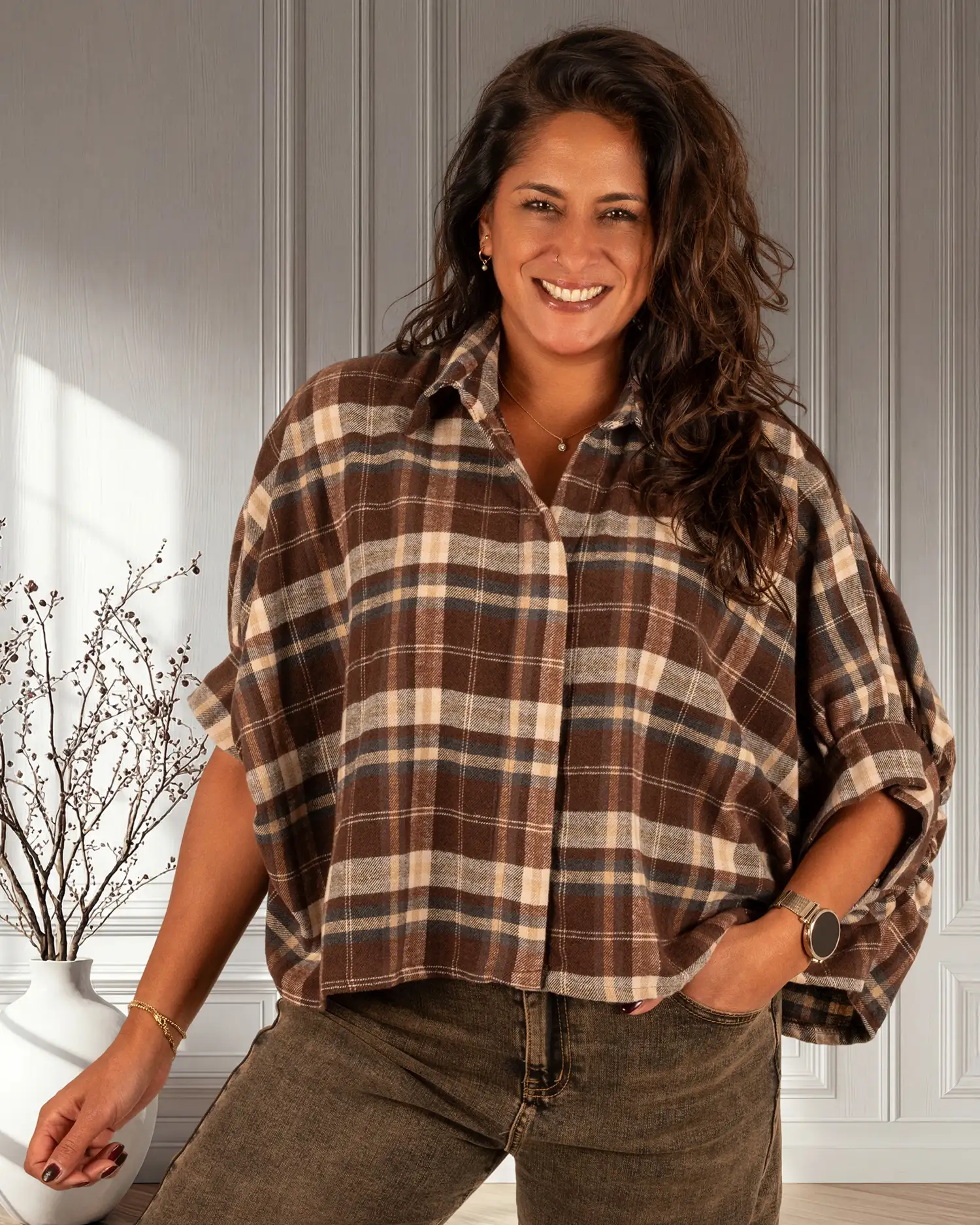 Bruin/beige geruite flanellen oversized ballonblouse van El-Vita - Afbeelding 3