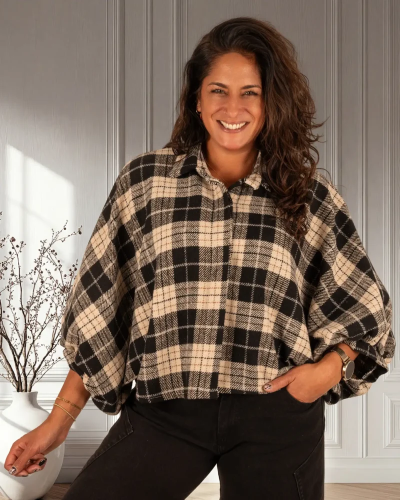 Zwart/ecru geruite flanellen oversized blouse van El-Vita