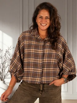Bruin/beige/blauw geruite flanellen oversized blouse van El-Vita