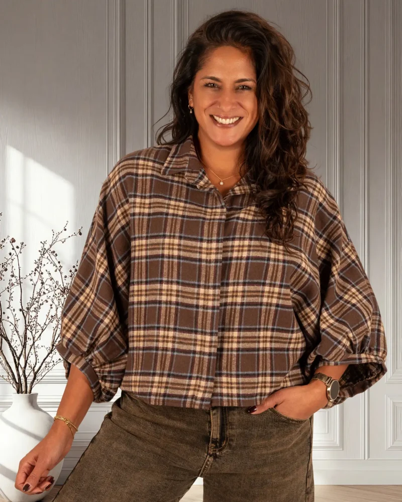 Bruin/beige/blauw geruite flanellen oversized blouse van El-Vita