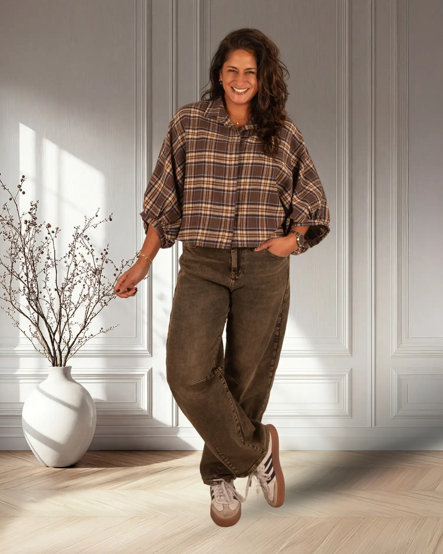 Bruin/beige/blauw geruite flanellen oversized blouse van El-Vita - Afbeelding 3