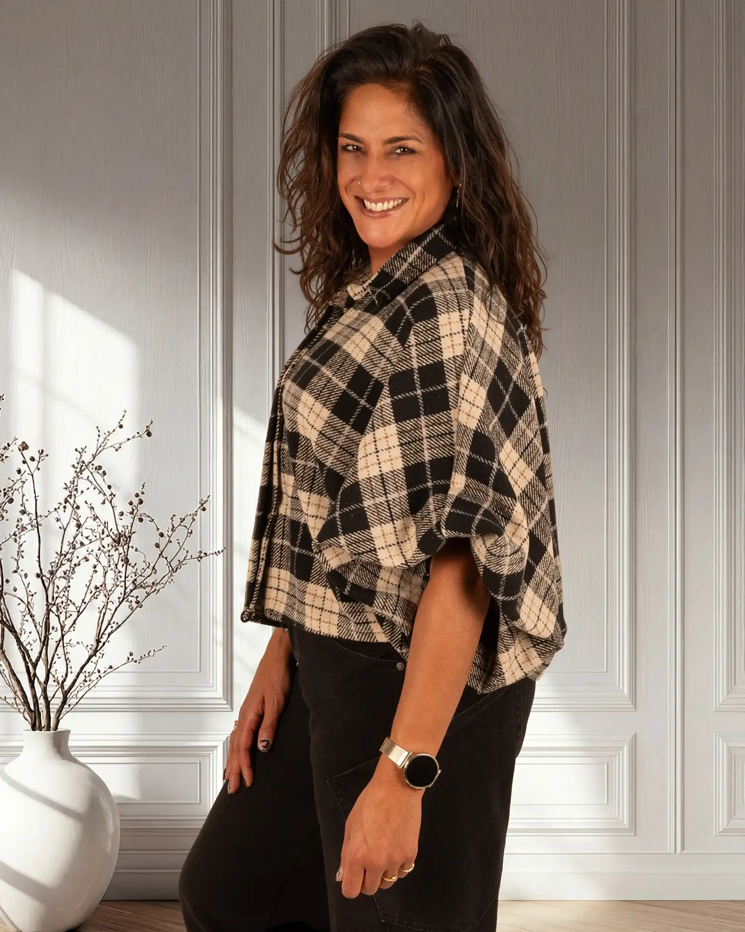 Zwart/ecru geruite flanellen oversized blouse van El-Vita - Afbeelding 5