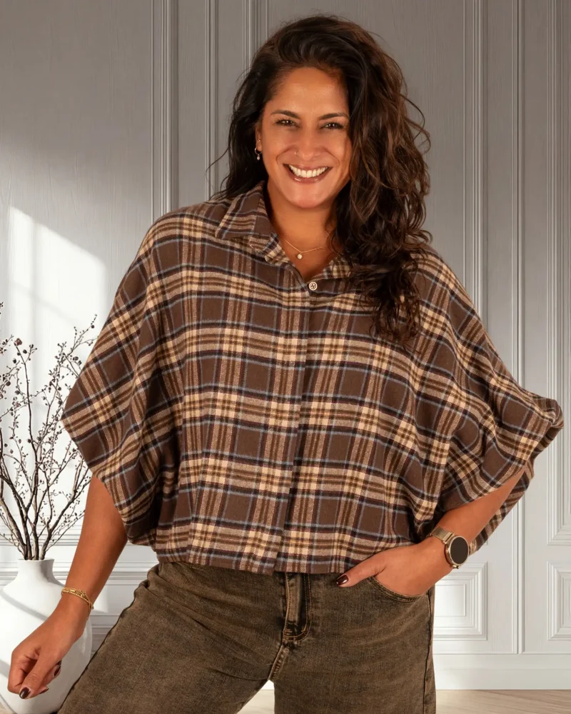 Bruin/beige/blauw geruite flanellen oversized blouse van El-Vita - Afbeelding 2