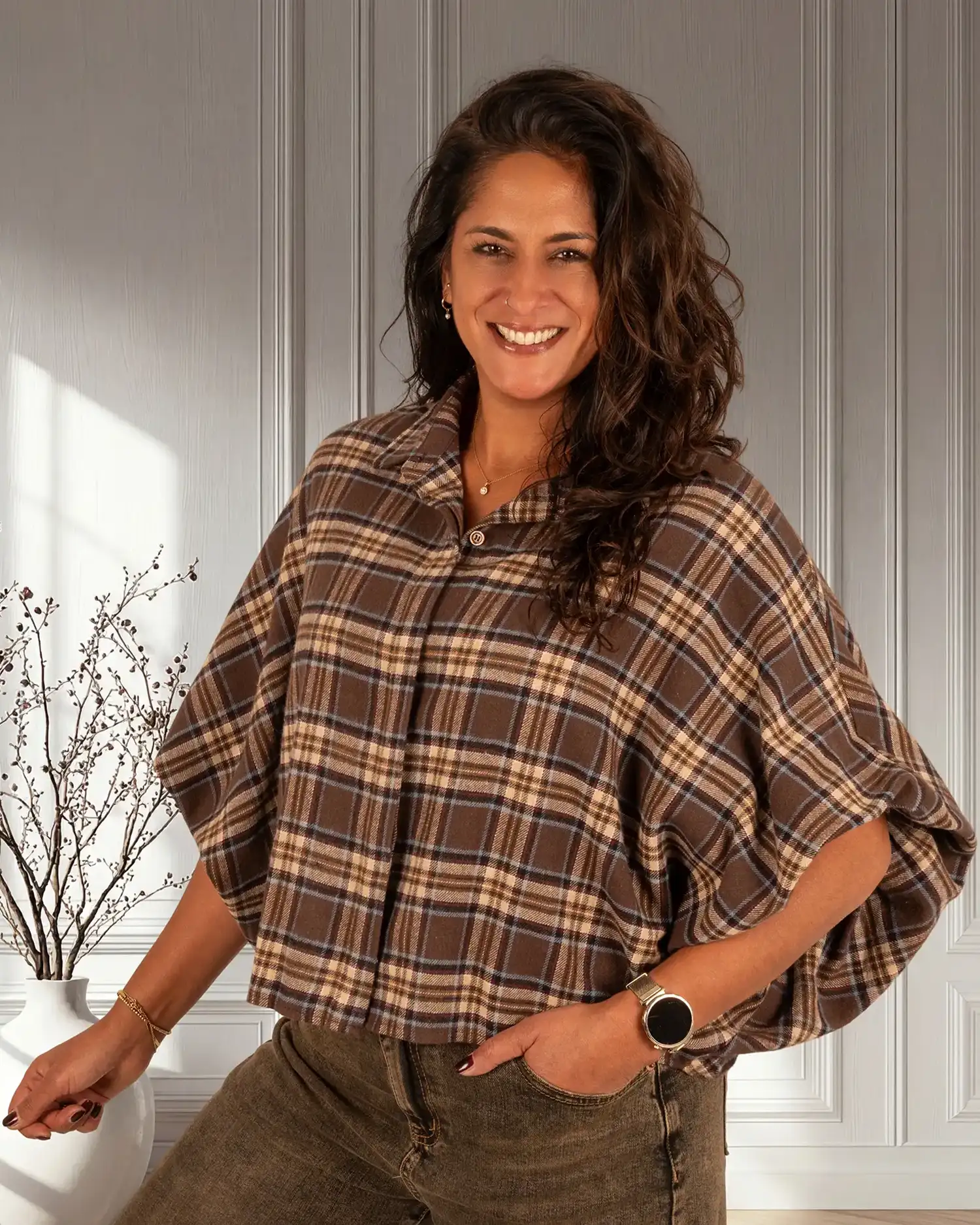 Bruin/beige/blauw geruite flanellen oversized blouse van El-Vita - Afbeelding 4