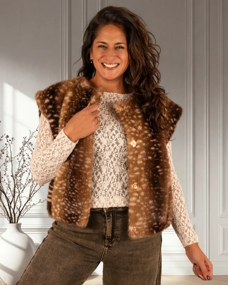 Bruine bambi print faux fur bodywarmer van By Clara