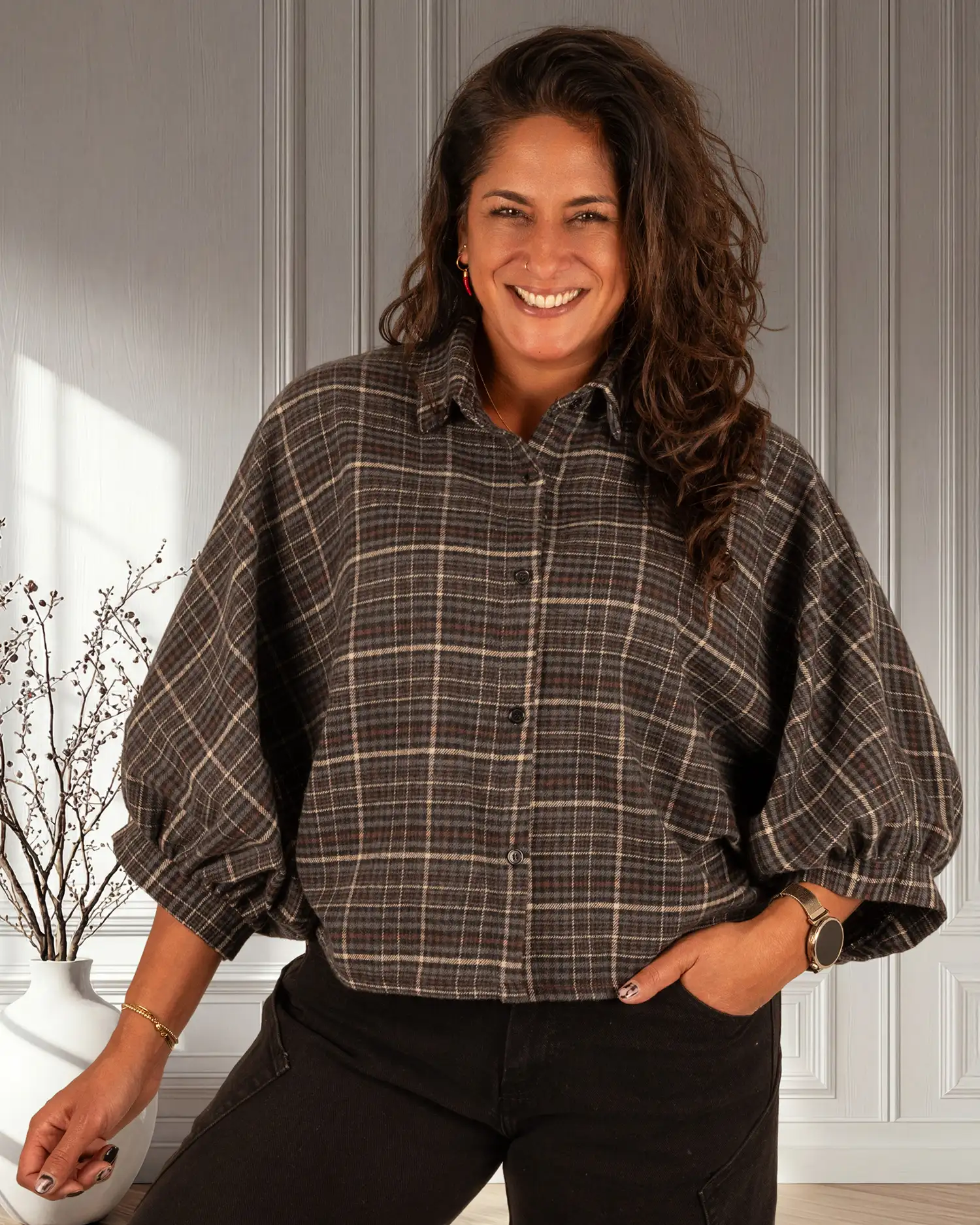 Grijs/zwart/bruin geruite flanellen oversized blouse van El-Vita