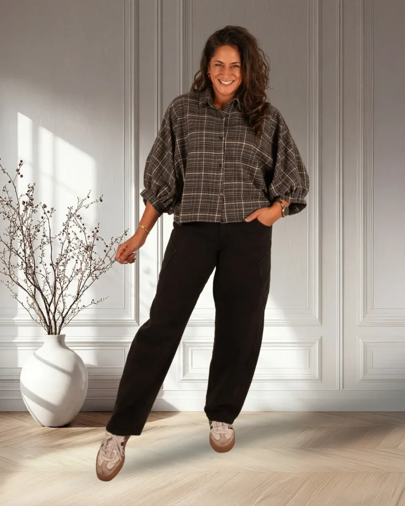 Grijs/zwart/bruin geruite flanellen oversized blouse van El-Vita - Afbeelding 2