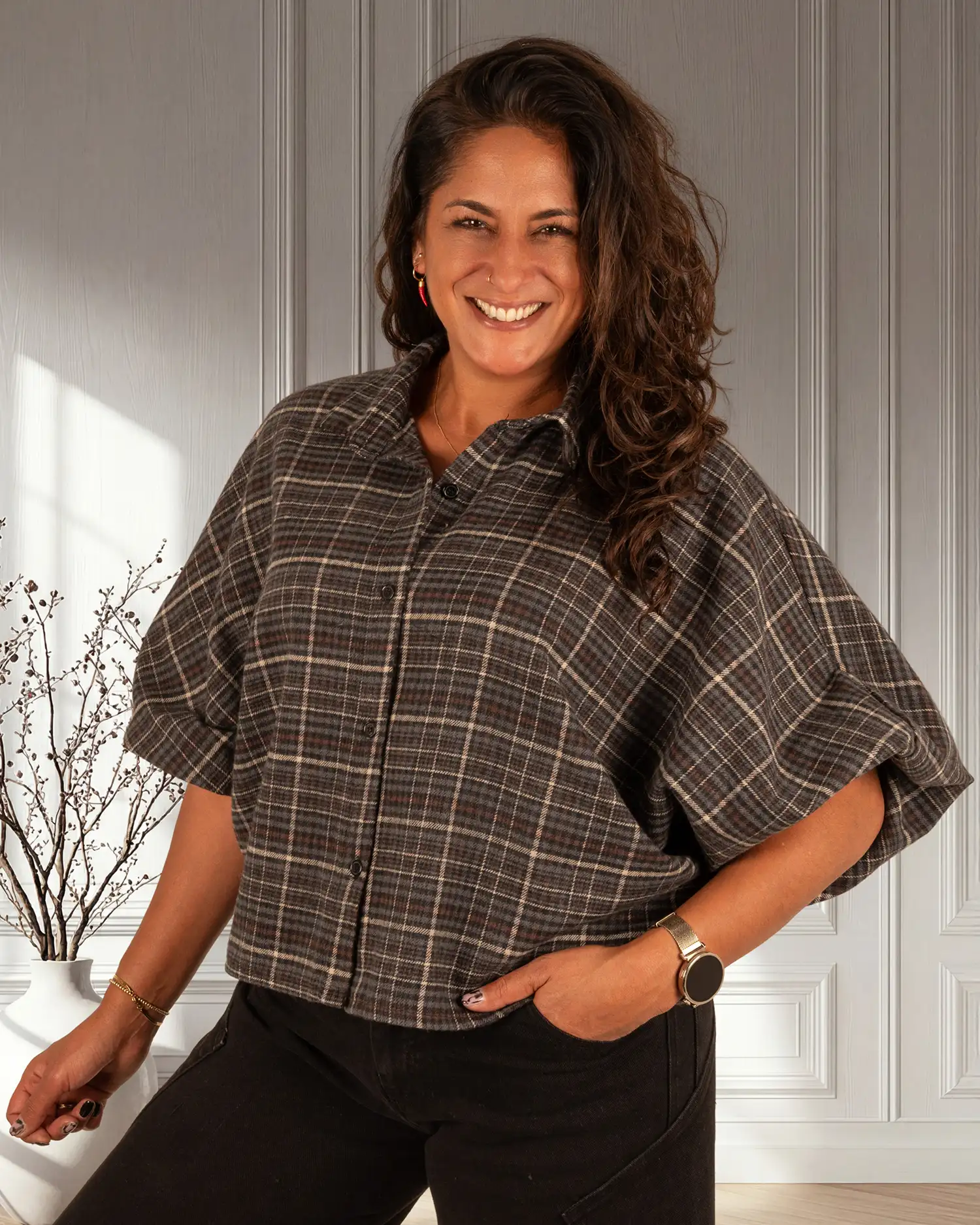 Grijs/zwart/bruin geruite flanellen oversized blouse van El-Vita - Afbeelding 4