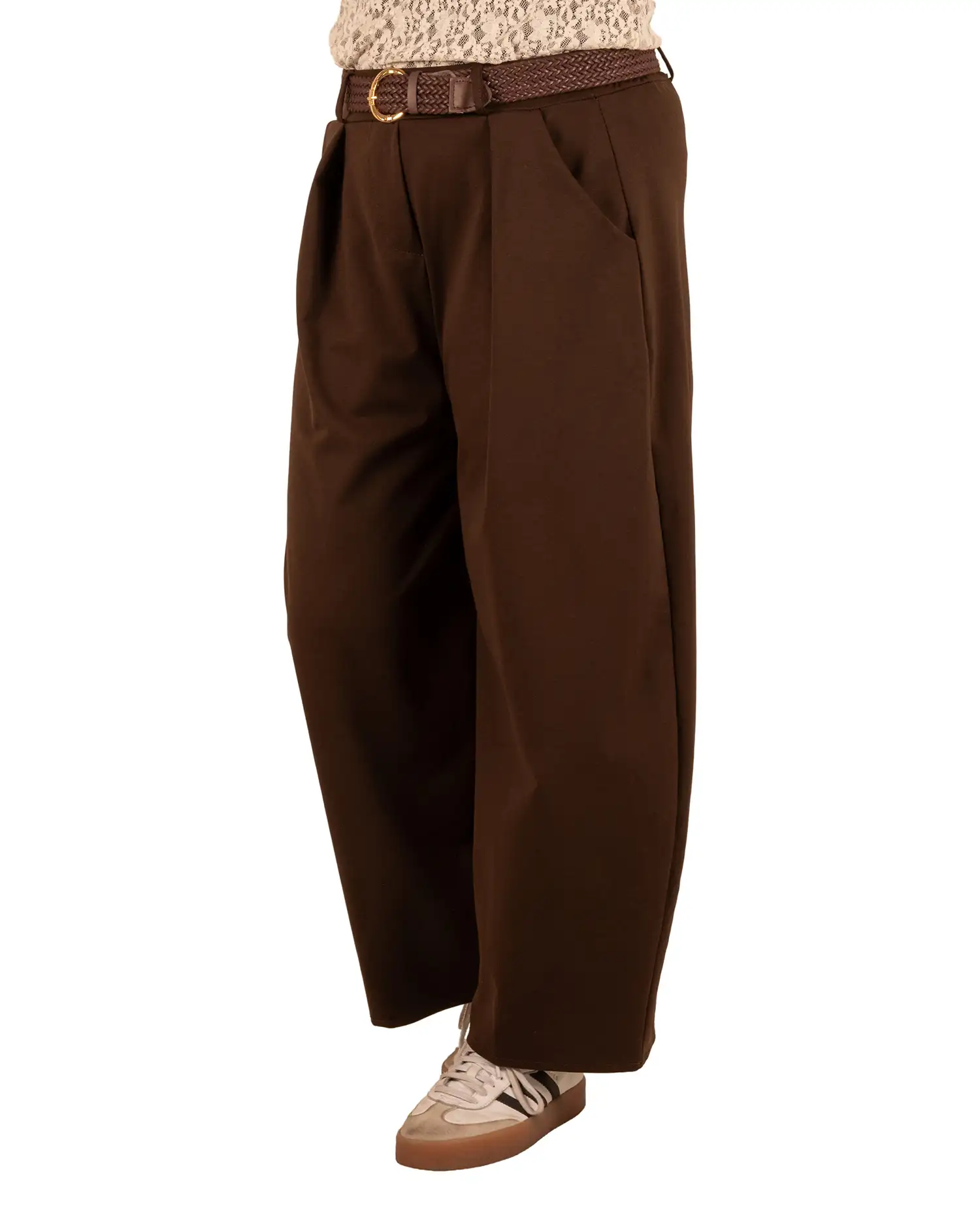 Donkerbruine stretch barrel broek met riem van H&G - Afbeelding 3