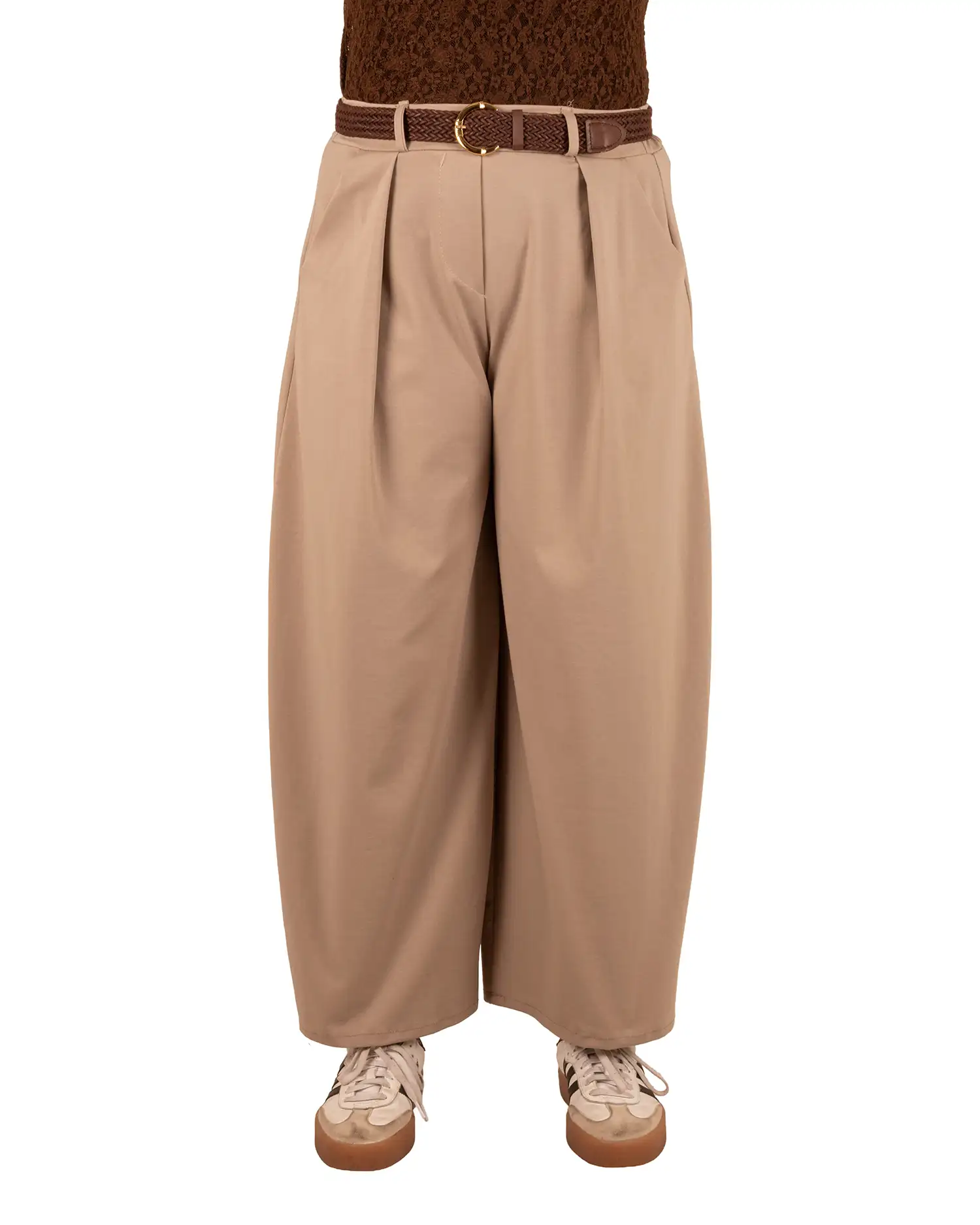 Donkerbeige stretch barrel broek met riem van H&G - Afbeelding 2