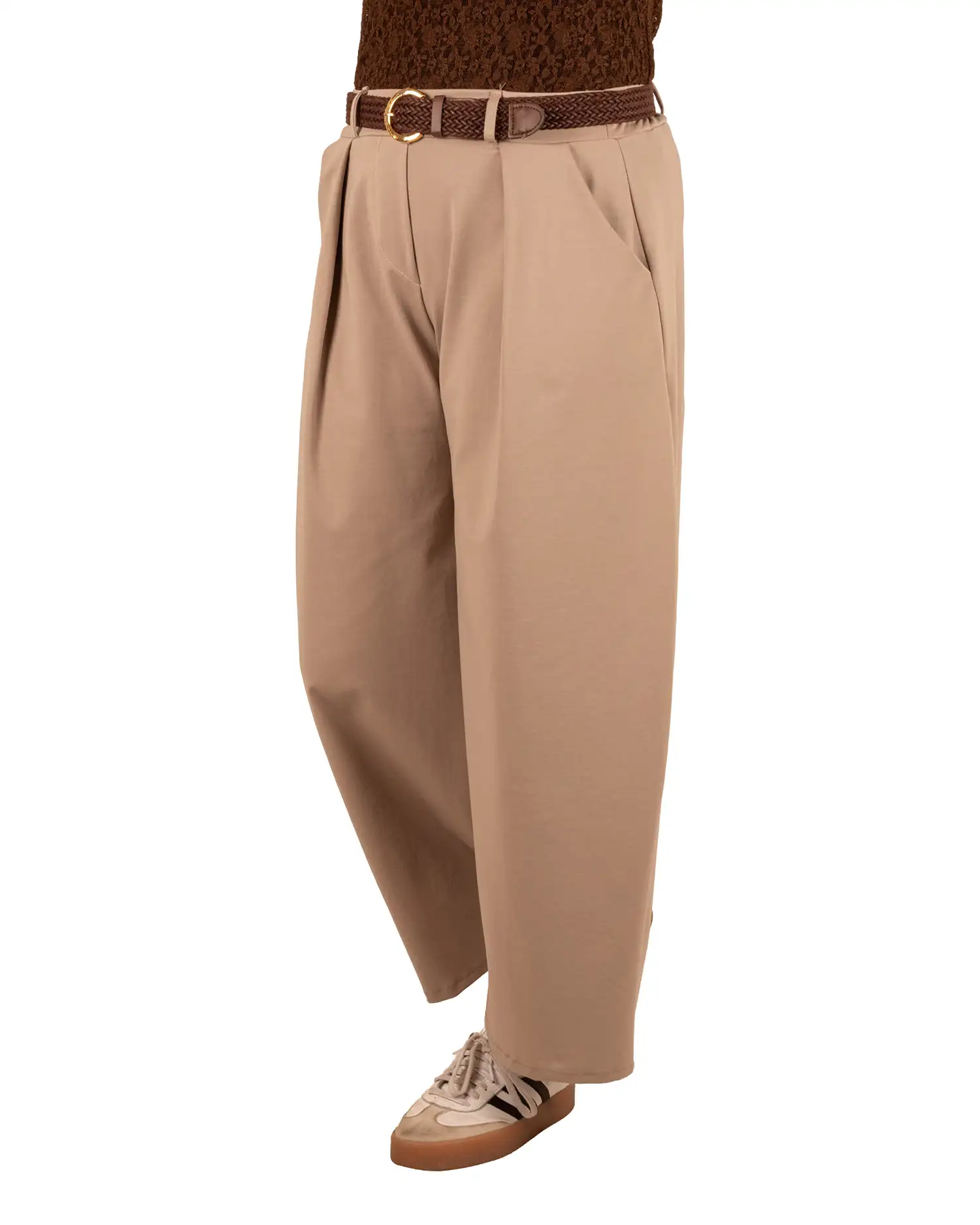 Donkerbeige stretch barrel broek met riem van H&G - Afbeelding 3