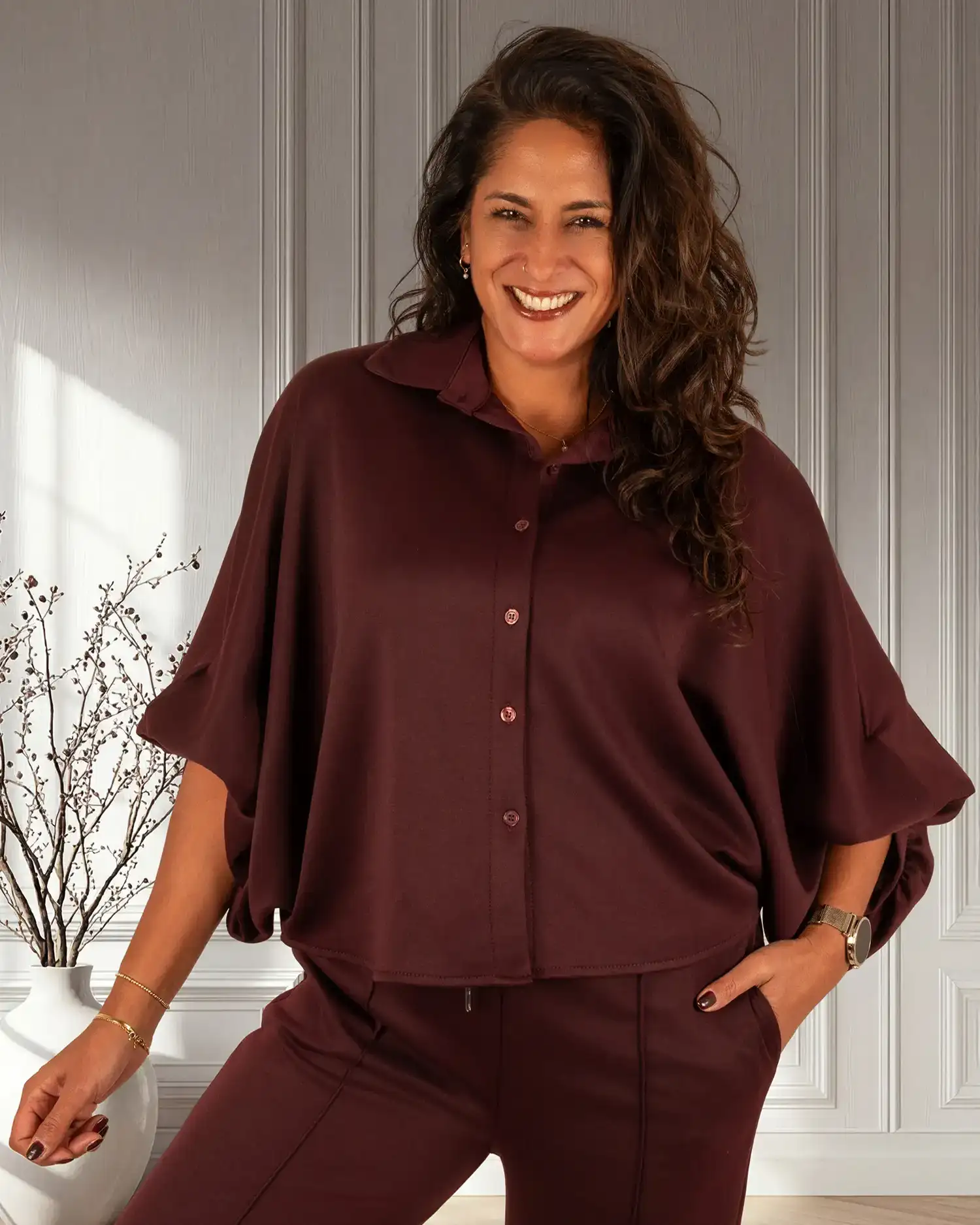 Burgundy oversized stretch blouse van BM - Afbeelding 2