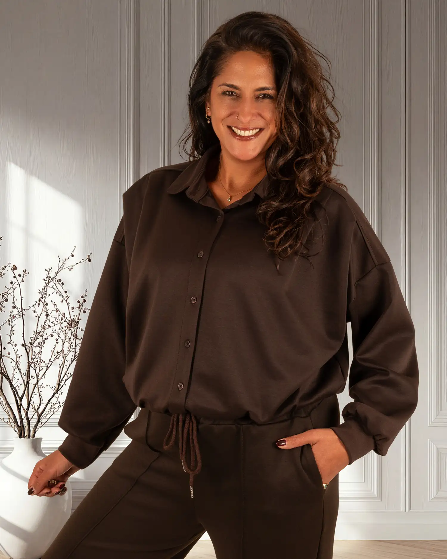 Donkerbruine stretch ballon bomberjack/blouse van BM - Afbeelding 3